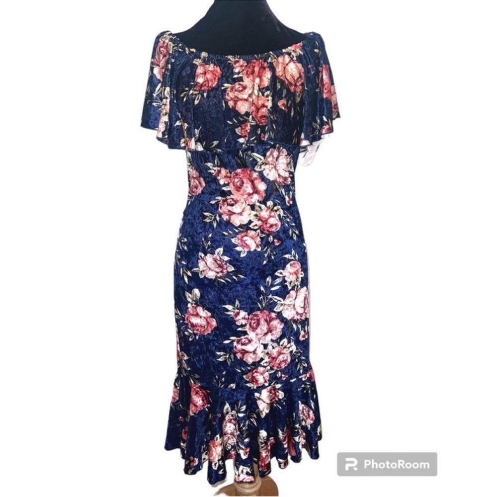 Navy Floral LuLaRoe Cici Off Shoulder Ruffled Hem Midi Dress M - Picture 8 of 16